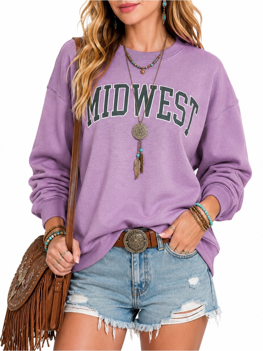 ZENANA Lavender”Midwest" Printed Fleece Round Neck Sweatshirts Size Large NWT